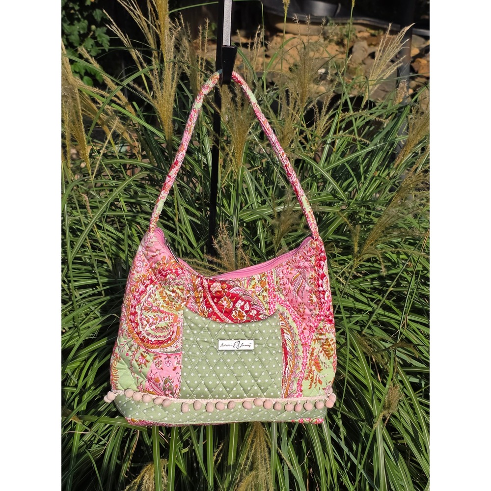 Isabella's Journey Quilted Paisley Polka Dot Shoulder Bag Pink Green Pom Pom